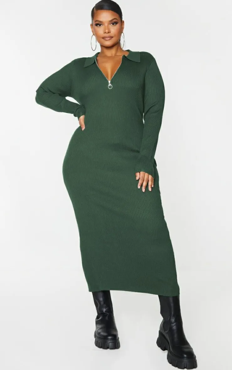 Plus Half Zip Collared Detail Midaxi Dress-PrettyLittleThing Outlet