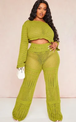 New PrettyLittleThing Plus Knitted Straight Leg Pants Olive