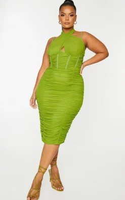 Plus Mesh Cross Front Corset Detail Midi Dress-PrettyLittleThing Online