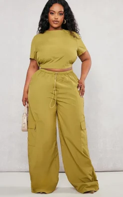 Sale PrettyLittleThing Plus Nylon Wide Leg Cargo Pants Olive