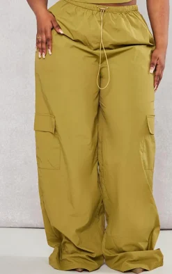 Sale PrettyLittleThing Plus Nylon Wide Leg Cargo Pants Olive