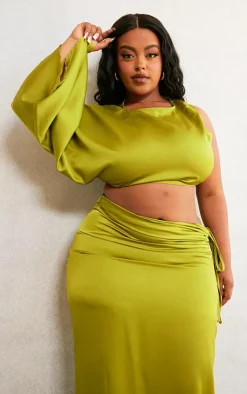 Discount PrettyLittleThing Plus One Shoulder Satin Crop Top Olive