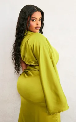 Discount PrettyLittleThing Plus One Shoulder Satin Crop Top Olive