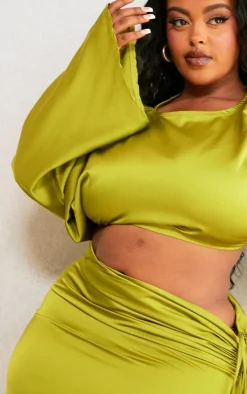 Discount PrettyLittleThing Plus One Shoulder Satin Crop Top Olive