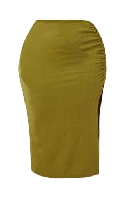 Discount PrettyLittleThing Plus Ruched Front Side Split Midi Skirt Olive