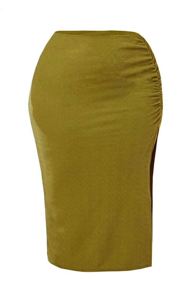 Discount PrettyLittleThing Plus Ruched Front Side Split Midi Skirt Olive