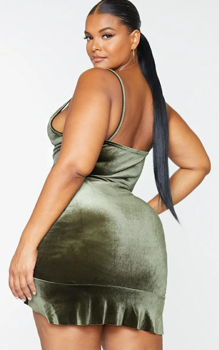Plus Velvet Strappy Ruched Frill Hem Bodycon Dress-PrettyLittleThing Hot