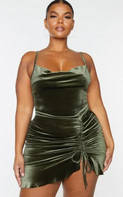 Plus Velvet Strappy Ruched Frill Hem Bodycon Dress-PrettyLittleThing Hot
