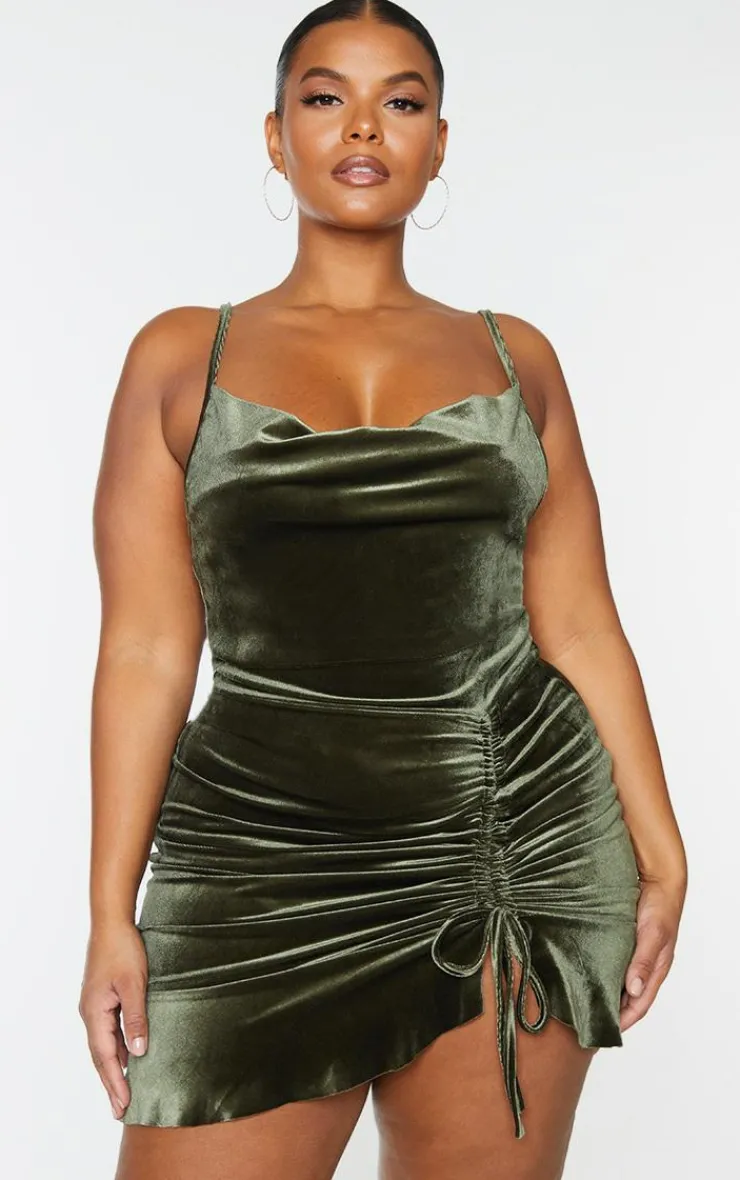 Plus Velvet Strappy Ruched Frill Hem Bodycon Dress-PrettyLittleThing Hot