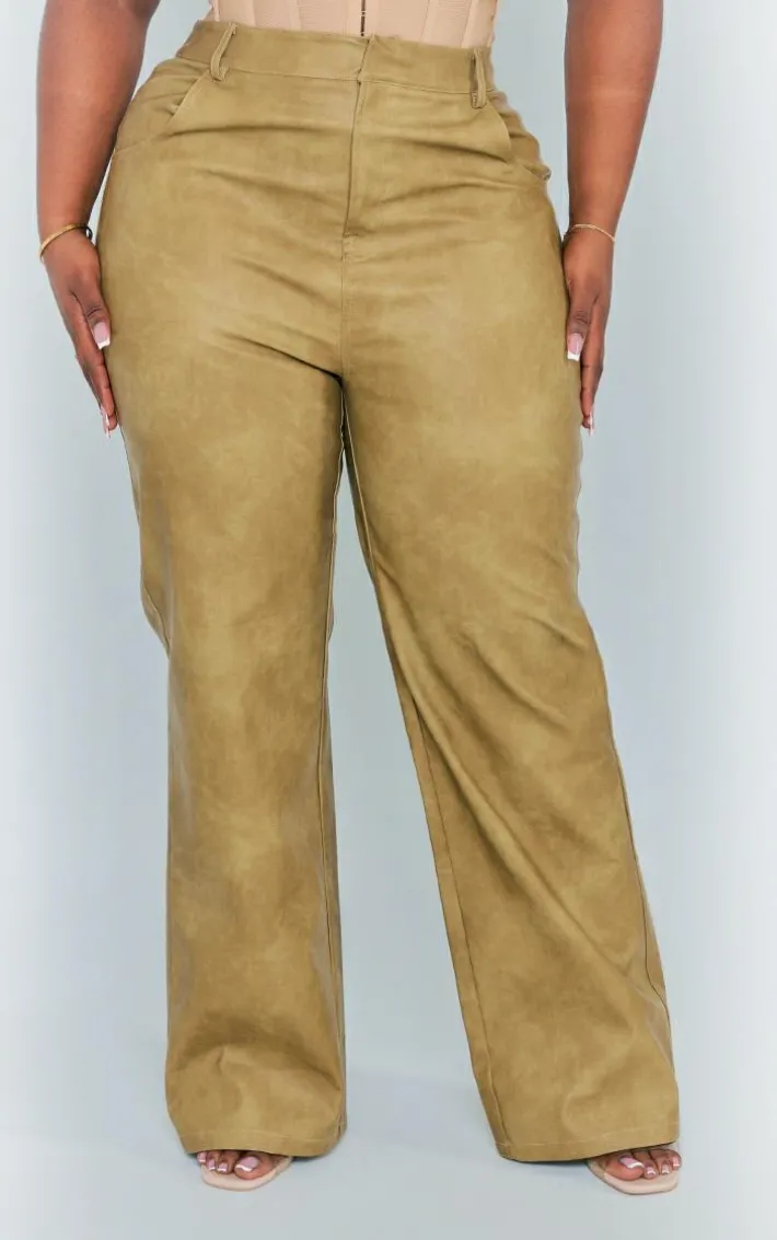 Plus Olive Washed Faux Leather Straight Leg Pants