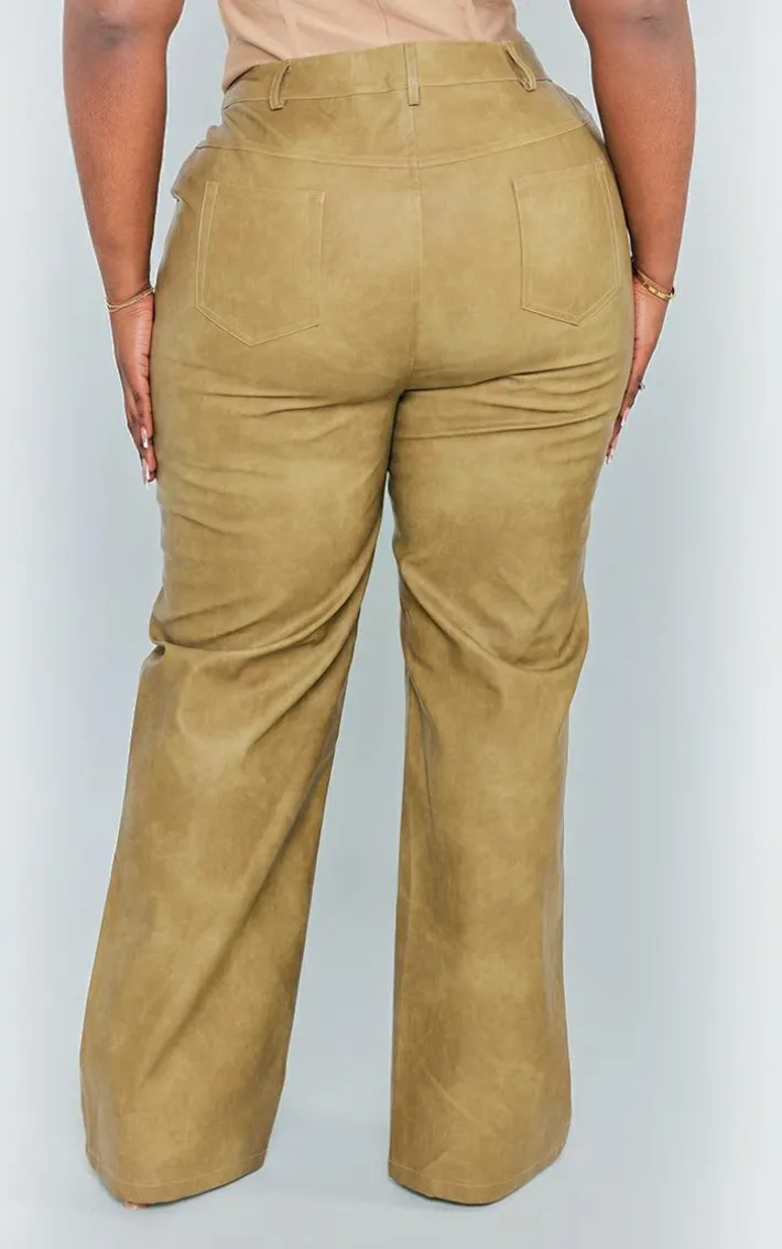 Plus Olive Washed Faux Leather Straight Leg Pants
