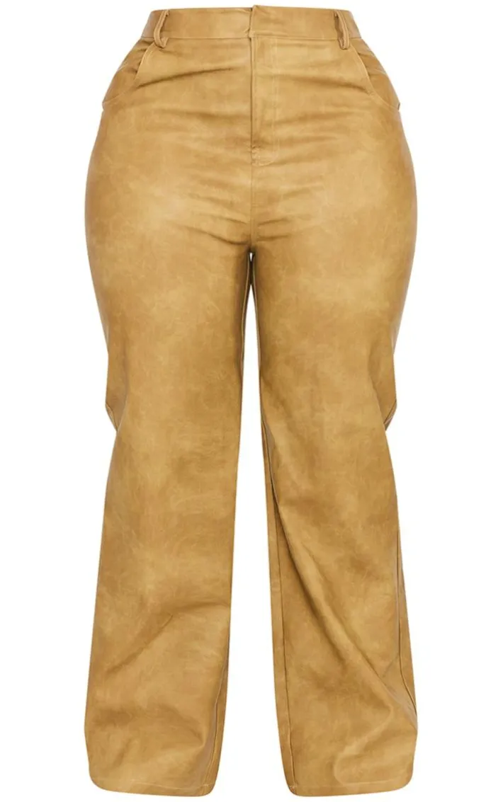 Plus Olive Washed Faux Leather Straight Leg Pants