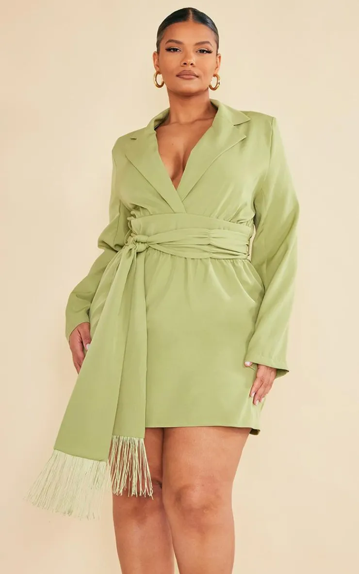 Plus Olive Wrap Front Tassel Belted Dress-PrettyLittleThing Sale