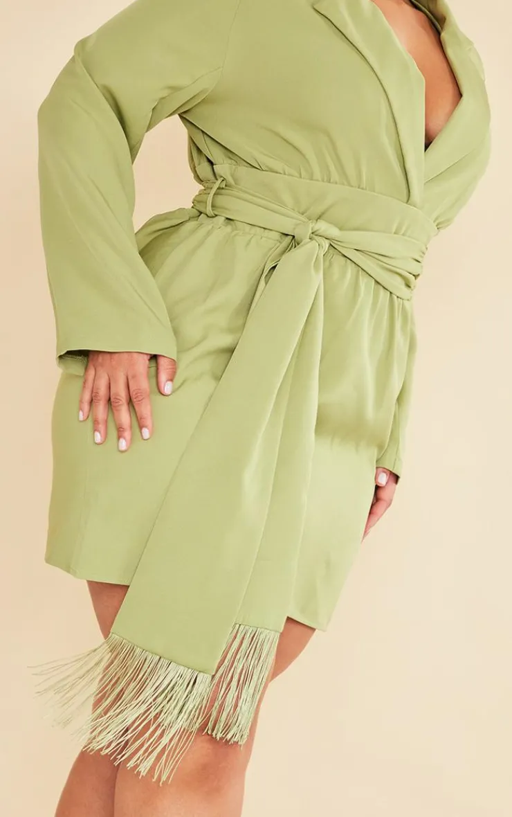 Plus Olive Wrap Front Tassel Belted Dress-PrettyLittleThing Sale