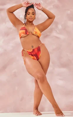 Plus Orange Abstract Printed Tie Side Bikini Bottoms