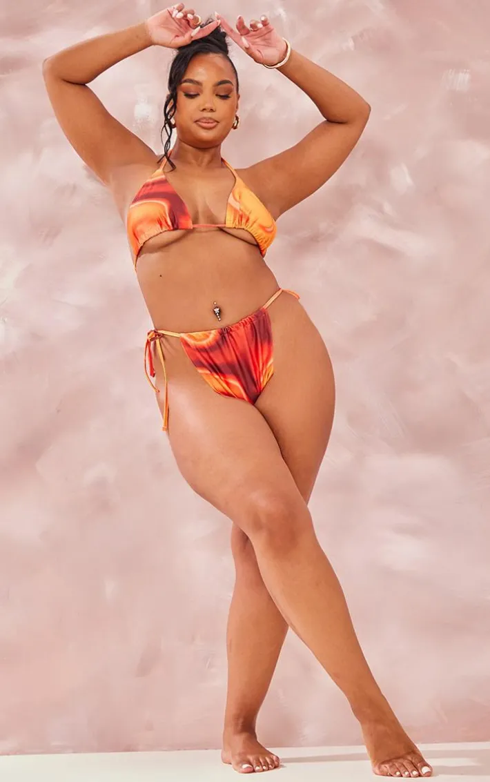 Plus Orange Abstract Printed Tie Side Bikini Bottoms