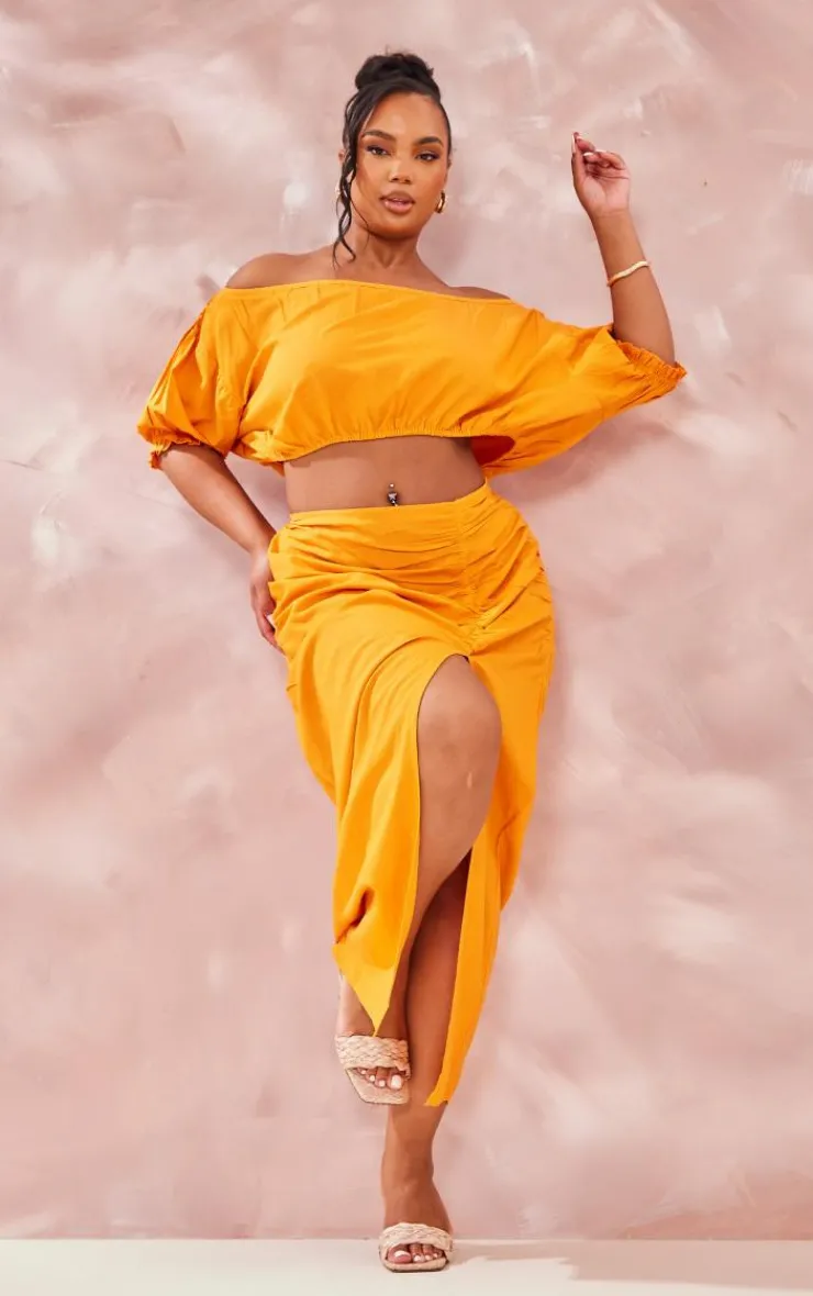 Sale PrettyLittleThing Plus Linen Look Ruched Side Split Midi Skirt Orange