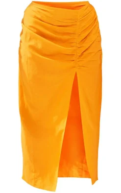 Sale PrettyLittleThing Plus Linen Look Ruched Side Split Midi Skirt Orange