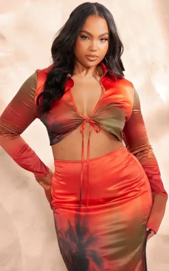 PrettyLittleThing Shirts*Plus Palm Print Tie Front Cropped Shirt
