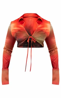 PrettyLittleThing Shirts*Plus Palm Print Tie Front Cropped Shirt