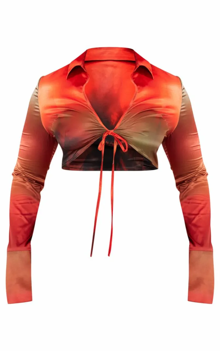 PrettyLittleThing Shirts*Plus Palm Print Tie Front Cropped Shirt