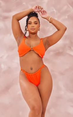 Plus Orange Ring Detail Ruched Bikini Top