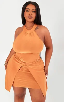 Plus Ruched Front Detail High Neck Mini Dress-PrettyLittleThing Online