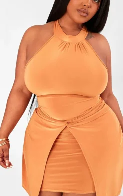 Plus Ruched Front Detail High Neck Mini Dress-PrettyLittleThing Online