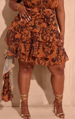 Sale PrettyLittleThing Plus Ruffle Tiered Detail Mini Skirt Orange