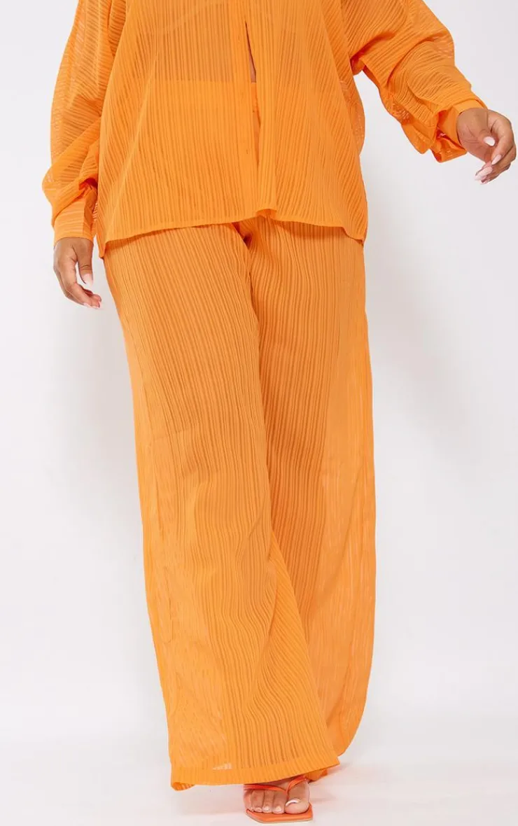 Sale PrettyLittleThing Plus Sheer Stripe Wide Leg Pants Orange
