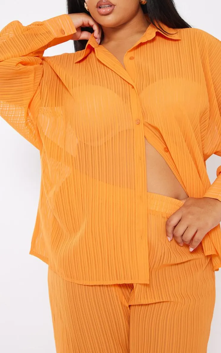 Sale PrettyLittleThing Plus Sheer Stripe Wide Leg Pants Orange