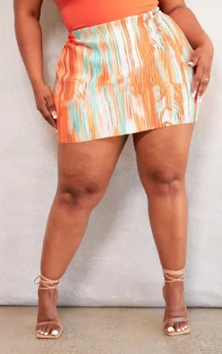 Plus Orange Teal Printed Plisse Micro Mini Skirt