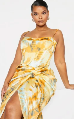 Hot PrettyLittleThing Plus Tie Dye Print Structured Corset Top Orange
