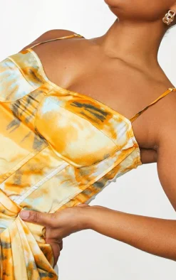Hot PrettyLittleThing Plus Tie Dye Print Structured Corset Top Orange