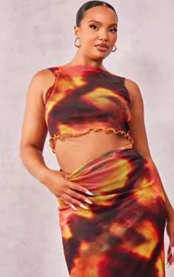 Best PrettyLittleThing Plus Tie Dye Printed Lettuce Hem Mesh Top Orange