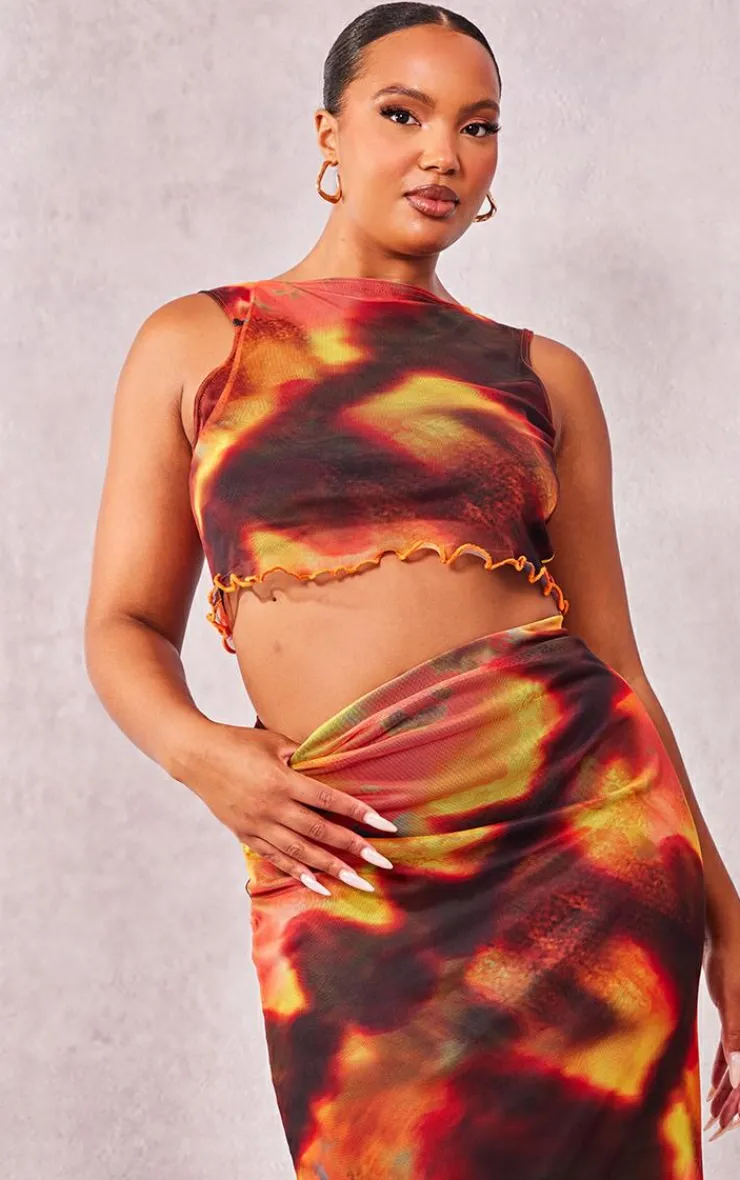 Best PrettyLittleThing Plus Tie Dye Printed Lettuce Hem Mesh Top Orange