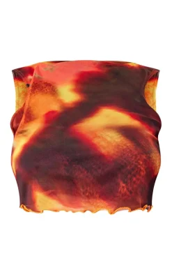 Best PrettyLittleThing Plus Tie Dye Printed Lettuce Hem Mesh Top Orange