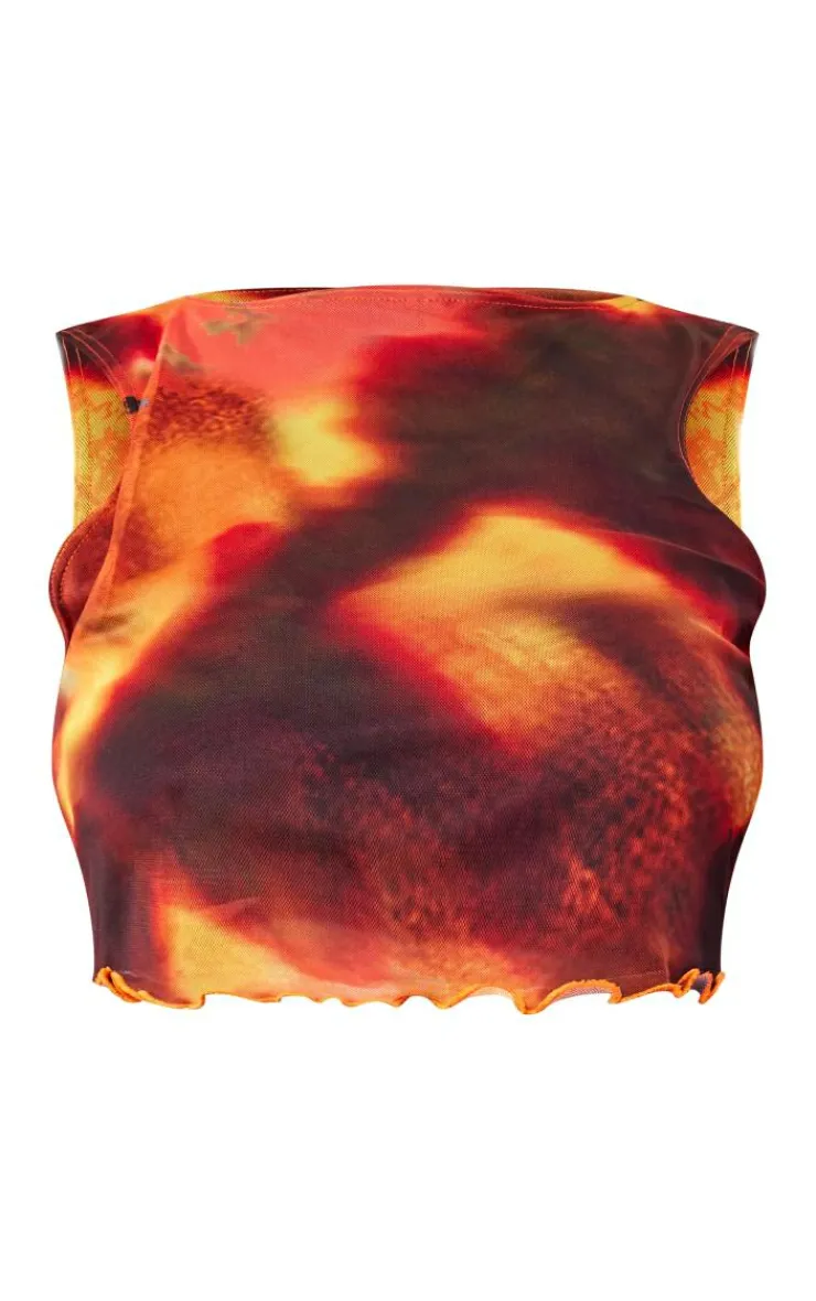 Best PrettyLittleThing Plus Tie Dye Printed Lettuce Hem Mesh Top Orange