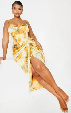 New PrettyLittleThing Plus Tie Dye Ruched Side Midi Skirt Orange