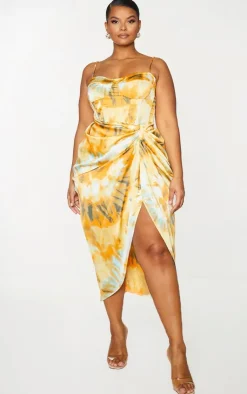 New PrettyLittleThing Plus Tie Dye Ruched Side Midi Skirt Orange
