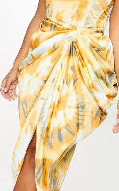 New PrettyLittleThing Plus Tie Dye Ruched Side Midi Skirt Orange