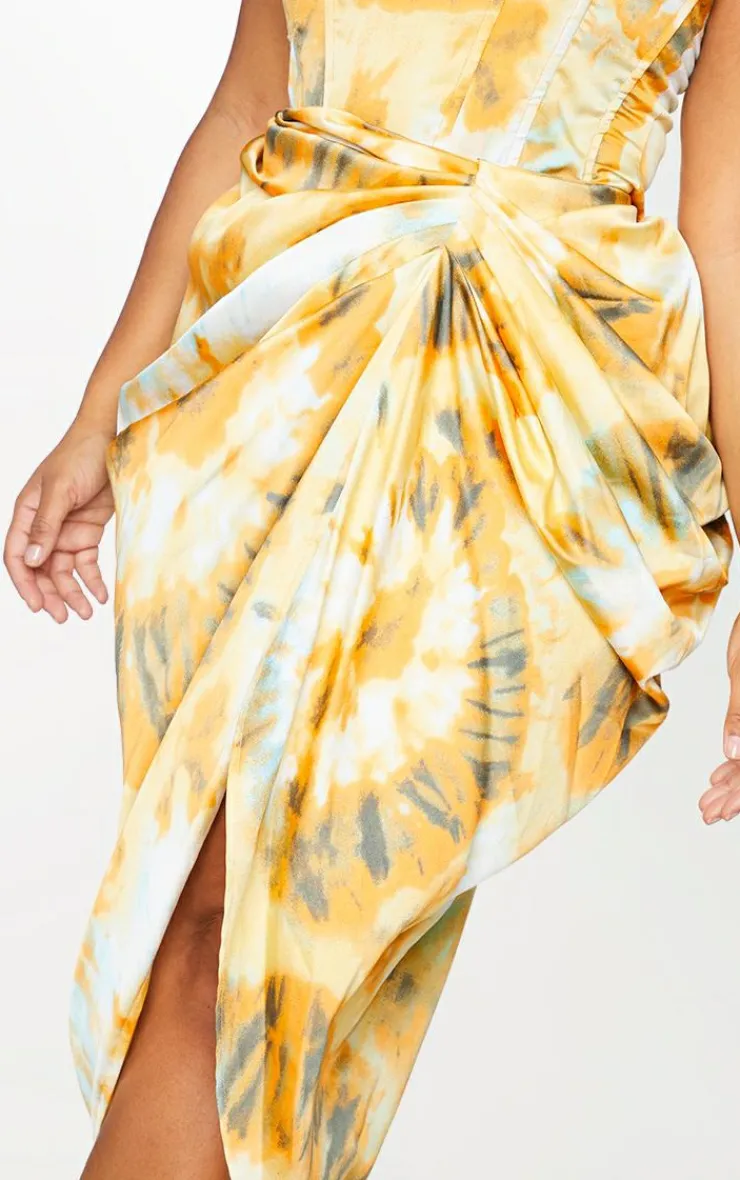 New PrettyLittleThing Plus Tie Dye Ruched Side Midi Skirt Orange
