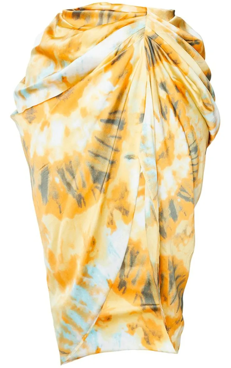 New PrettyLittleThing Plus Tie Dye Ruched Side Midi Skirt Orange