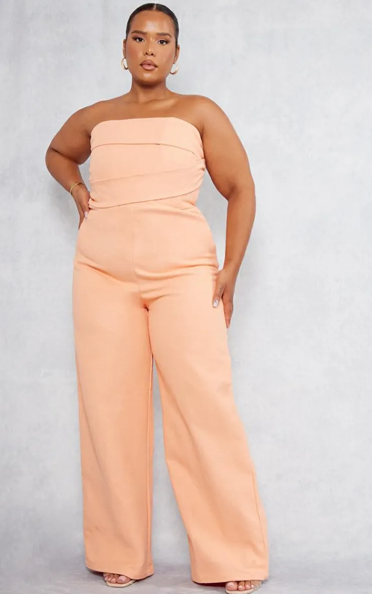 Plus Linen Look Ruched Bust Detail Bandeau Jumpsuit-PrettyLittleThing New