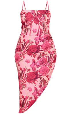 Plus Abstract Floral Print Corset Style Asymmetric Hem Midi Dress-PrettyLittleThing Online