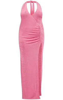 Plus Accetate Slinky Plunge Halterneck Maxi Dress-PrettyLittleThing