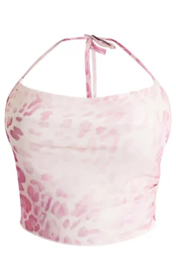 Sale PrettyLittleThing Plus Animal Print Mesh Cowl Neck Top Pink