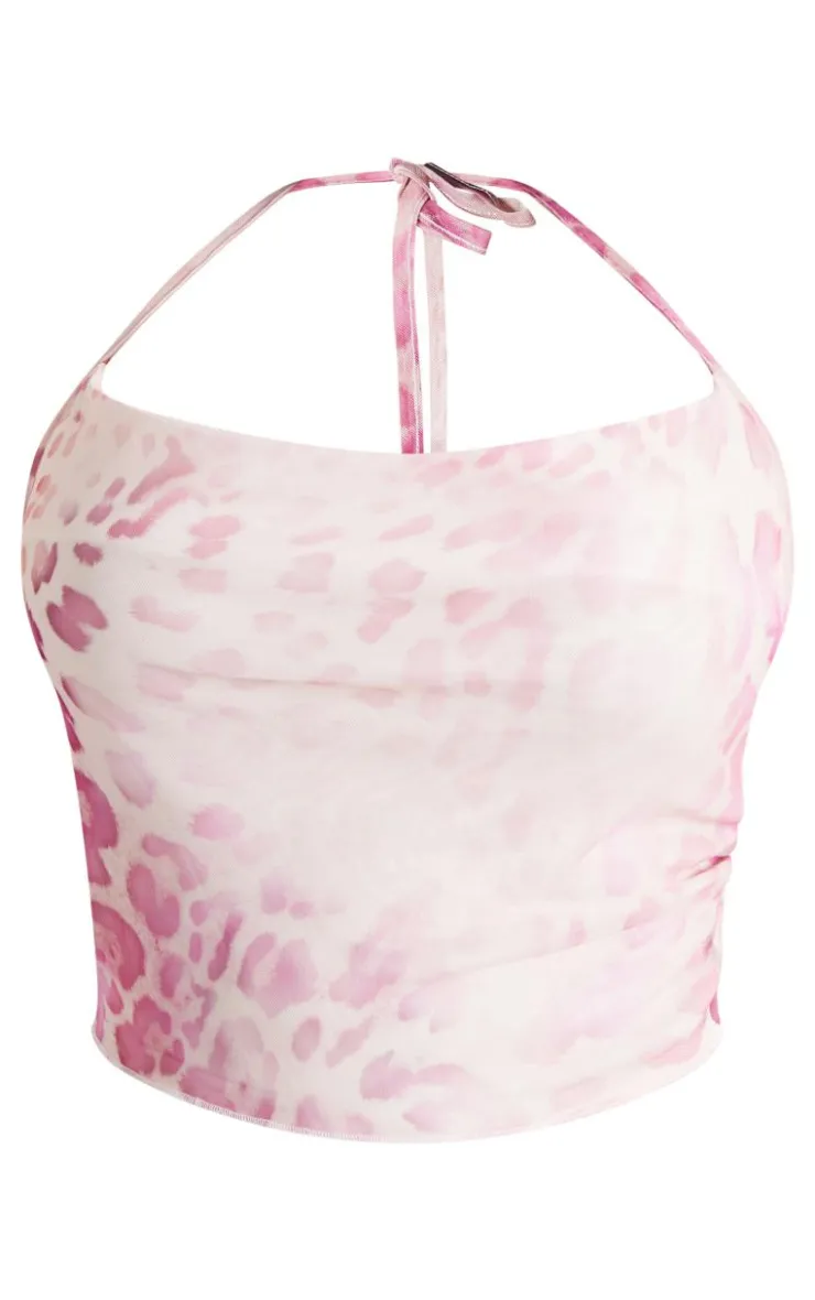 Sale PrettyLittleThing Plus Animal Print Mesh Cowl Neck Top Pink