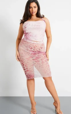 PrettyLittleThing Plus Animal Print Mesh Midi Skirt Pink