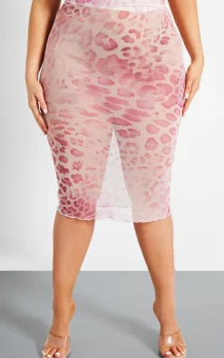 PrettyLittleThing Plus Animal Print Mesh Midi Skirt Pink